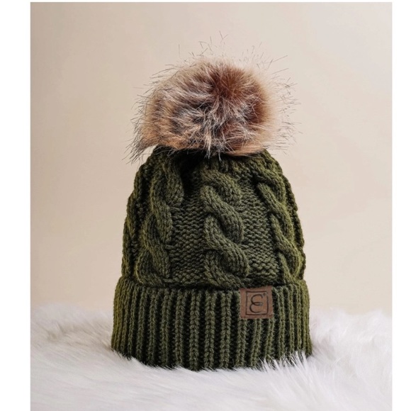 Accessories - Army Green Cable Knit Pom Pom Beanie Hat
